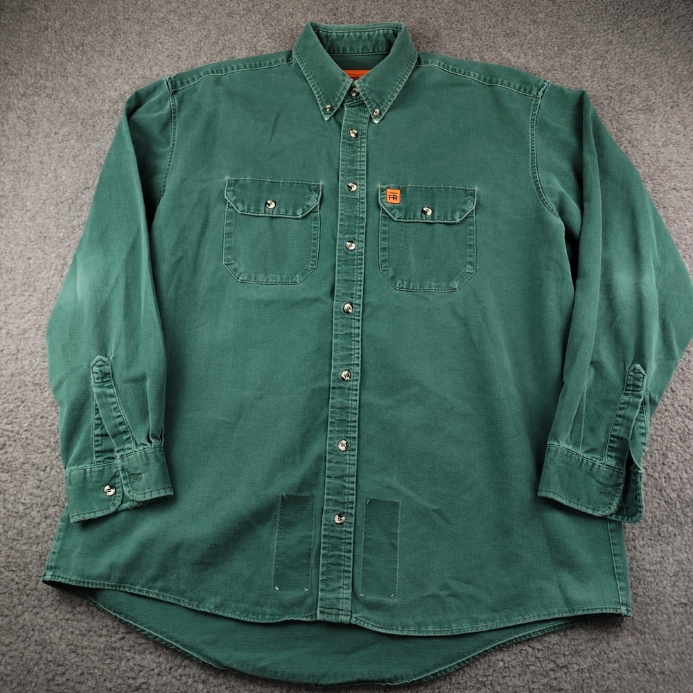 Wrangler FR Cotton Shirt Mens Large RIGGS Workwear Green Button Down